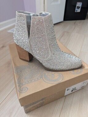 Embellished Silver Rhinestone Ankle Boots - Women